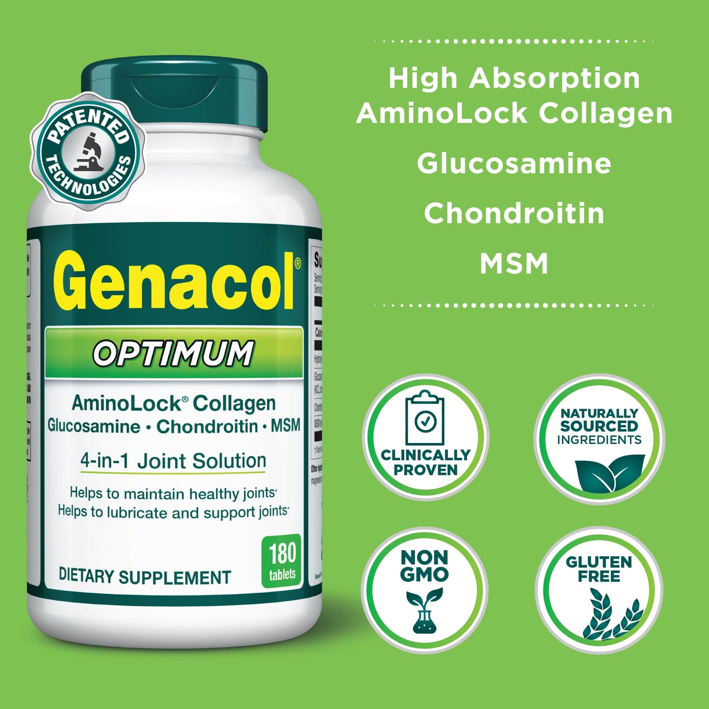 Genacol Optimum – Glucosamine, Chondroitin, MSM & Ultra-Hydrolyzed Collagen, Joint Support Tablets, 180 Count (60-Day Supply) - dailyvitalstore