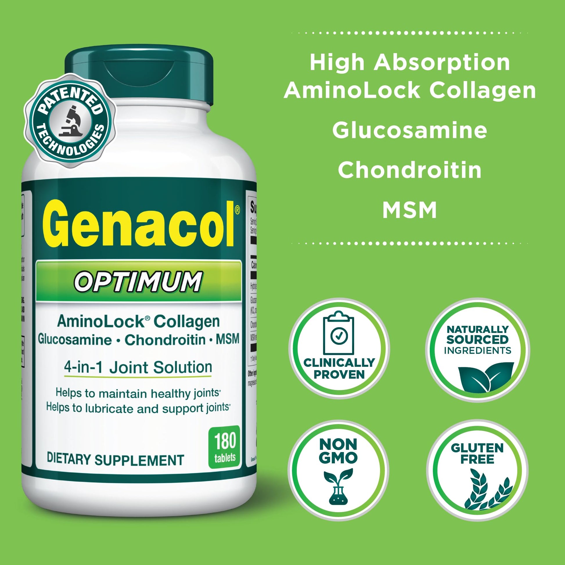 Genacol Optimum – Glucosamine, Chondroitin, MSM & Ultra-Hydrolyzed Collagen, Joint Support Tablets, 180 Count (60-Day Supply) - dailyvitalstore