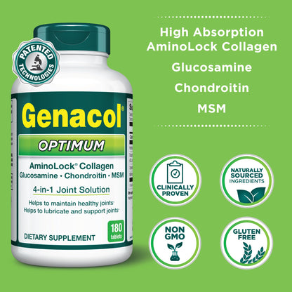 Genacol Optimum – Glucosamine, Chondroitin, MSM & Ultra-Hydrolyzed Collagen, Joint Support Tablets, 180 Count (60-Day Supply) - dailyvitalstore