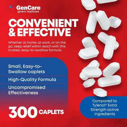 GenCare - Acetaminophen 500mg Extra Strength Pain Relief (300 Caplets) - Multi Symptom Pain Reliever for Headache, Sinus, Arthritis, Back Pain Muscle Ache, Toothache, Fever Reducer, Migraine - dailyvitalstore