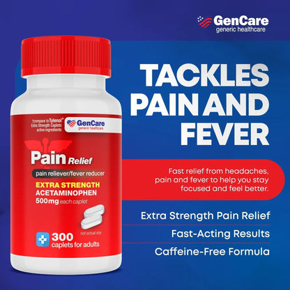 GenCare - Acetaminophen 500mg Extra Strength Pain Relief (300 Caplets) - Multi Symptom Pain Reliever for Headache, Sinus, Arthritis, Back Pain Muscle Ache, Toothache, Fever Reducer, Migraine - dailyvitalstore