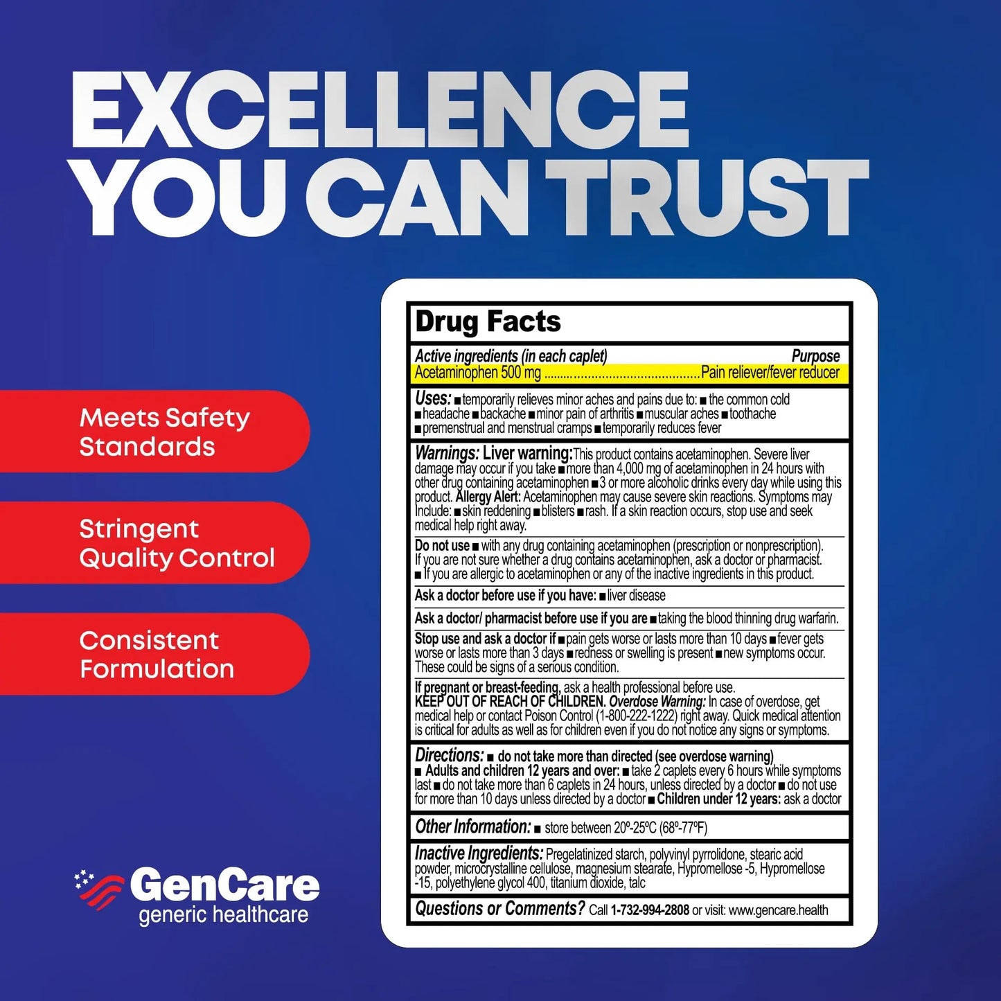 GenCare - Acetaminophen 500mg Extra Strength Pain Relief (300 Caplets) - Multi Symptom Pain Reliever for Headache, Sinus, Arthritis, Back Pain Muscle Ache, Toothache, Fever Reducer, Migraine - dailyvitalstore