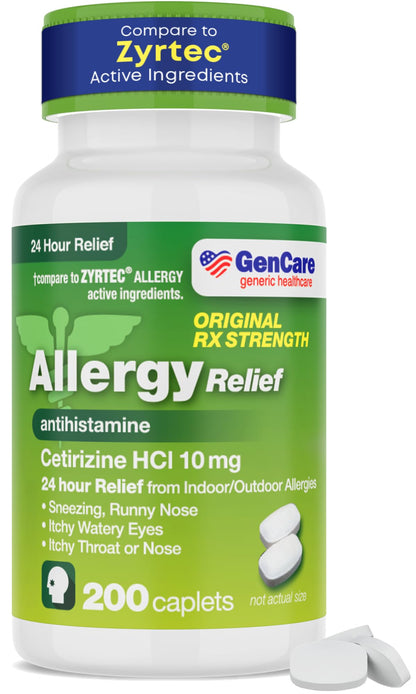 GenCare - Cetirizine HCL 10 mg (200 Caplets) - 24 Hour Allergy Relief Pills - Non Drowsy Generic OTC Allergy Medication - Antihistamine Medicine for Sneezing, Runny Nose & Itchy Eyes - Generic Zyrtec - dailyvitalstore