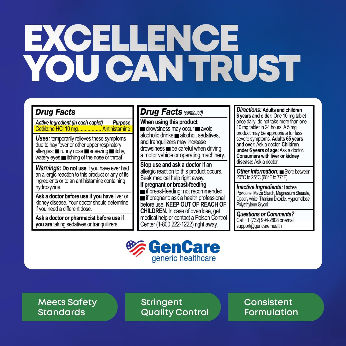 GenCare - Cetirizine HCL 10 mg (200 Caplets) - 24 Hour Allergy Relief Pills - Non Drowsy Generic OTC Allergy Medication - Antihistamine Medicine for Sneezing, Runny Nose & Itchy Eyes - Generic Zyrtec - dailyvitalstore