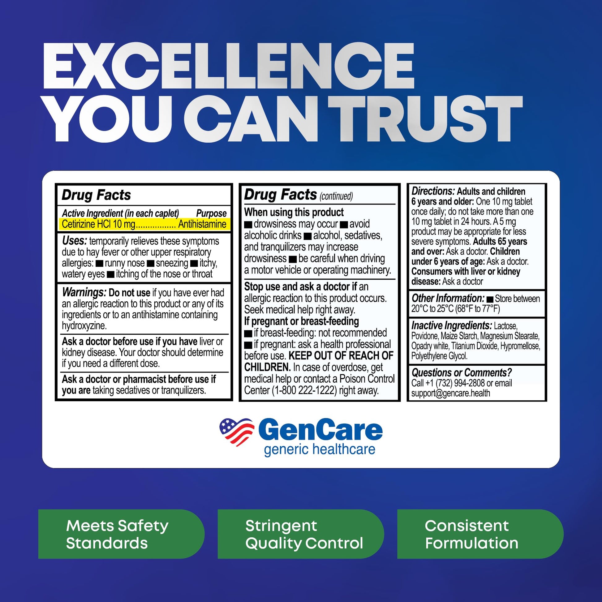 GenCare - Cetirizine HCL 10 mg (200 Caplets) - 24 Hour Allergy Relief Pills - Non Drowsy Generic OTC Allergy Medication - Antihistamine Medicine for Sneezing, Runny Nose & Itchy Eyes - Generic Zyrtec - dailyvitalstore