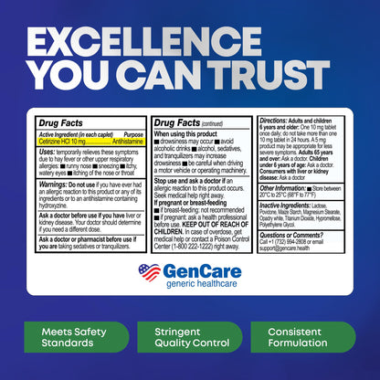 GenCare - Cetirizine HCL 10 mg (200 Caplets) - 24 Hour Allergy Relief Pills - Non Drowsy Generic OTC Allergy Medication - Antihistamine Medicine for Sneezing, Runny Nose & Itchy Eyes - Generic Zyrtec - dailyvitalstore