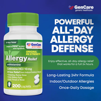 GenCare - Cetirizine HCL 10 mg (200 Caplets) - 24 Hour Allergy Relief Pills - Non Drowsy Generic OTC Allergy Medication - Antihistamine Medicine for Sneezing, Runny Nose & Itchy Eyes - Generic Zyrtec - dailyvitalstore