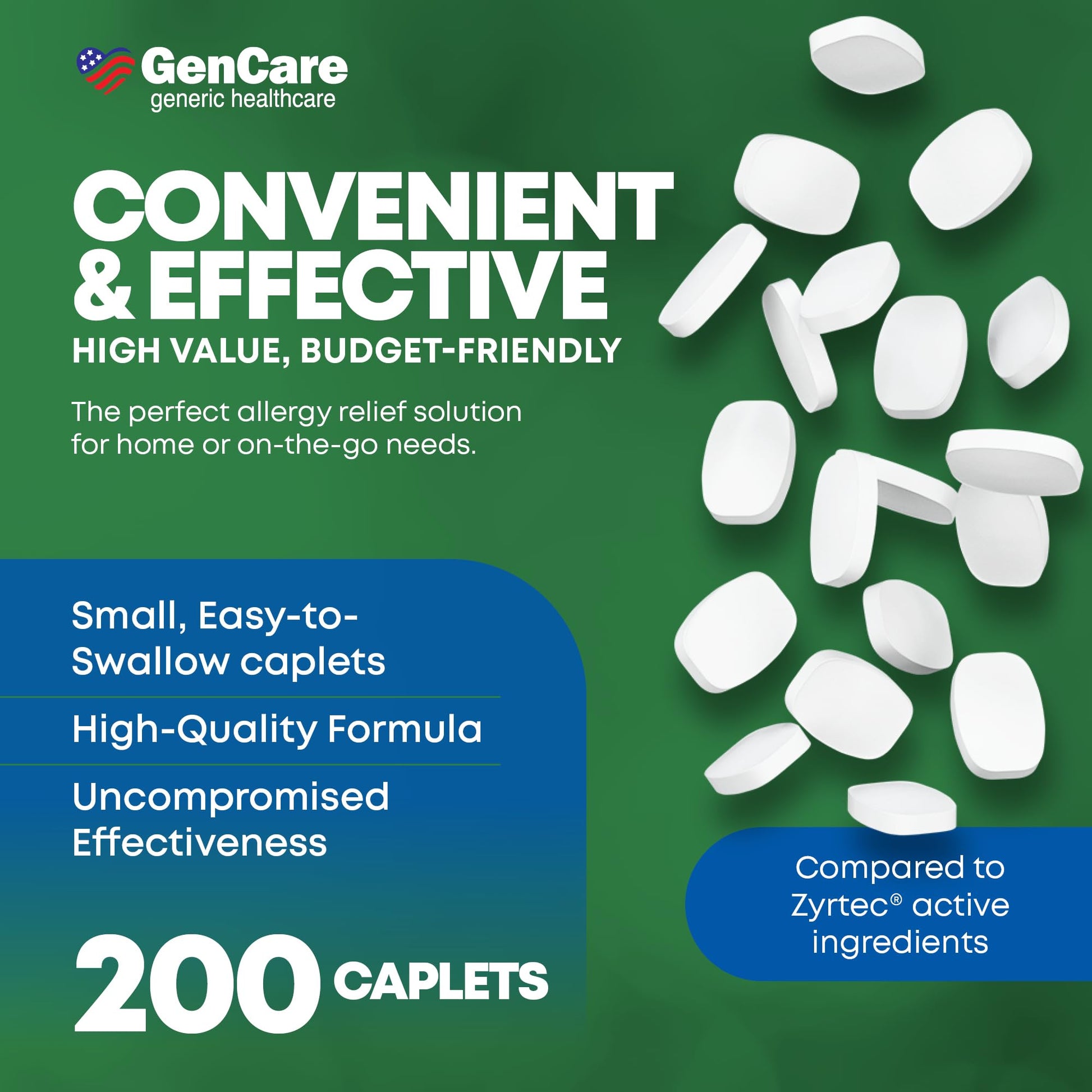 GenCare - Cetirizine HCL 10 mg (200 Caplets) - 24 Hour Allergy Relief Pills - Non Drowsy Generic OTC Allergy Medication - Antihistamine Medicine for Sneezing, Runny Nose & Itchy Eyes - Generic Zyrtec - dailyvitalstore