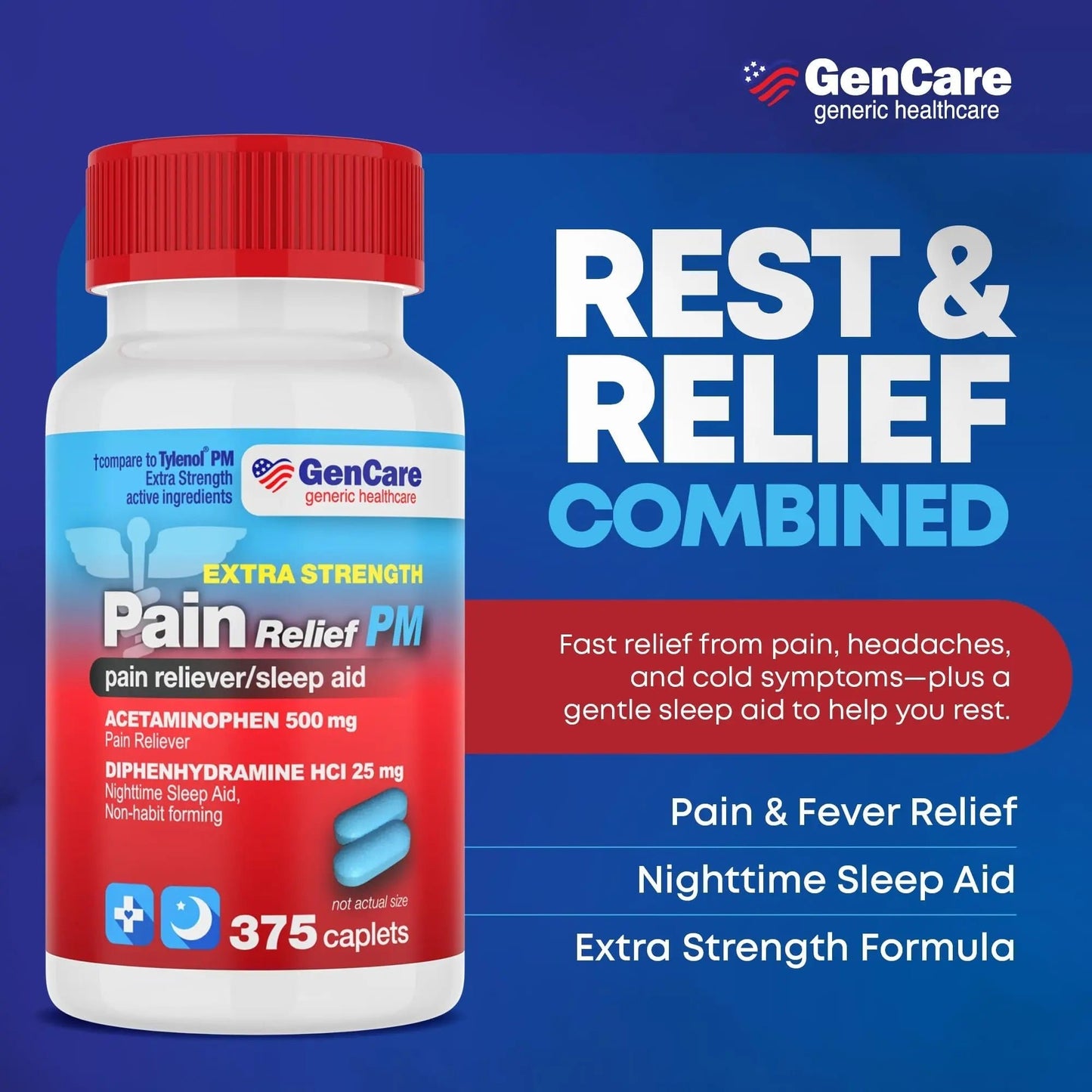GenCare Extra Strength Acetaminophen PM 500 mg (375 Tablets) | Ultimate Pain Relief & Sleep Support for Adults | Quick Acting & Non Habit Forming Headache Relief | Eases Aches & Joint Discomfort - dailyvitalstore