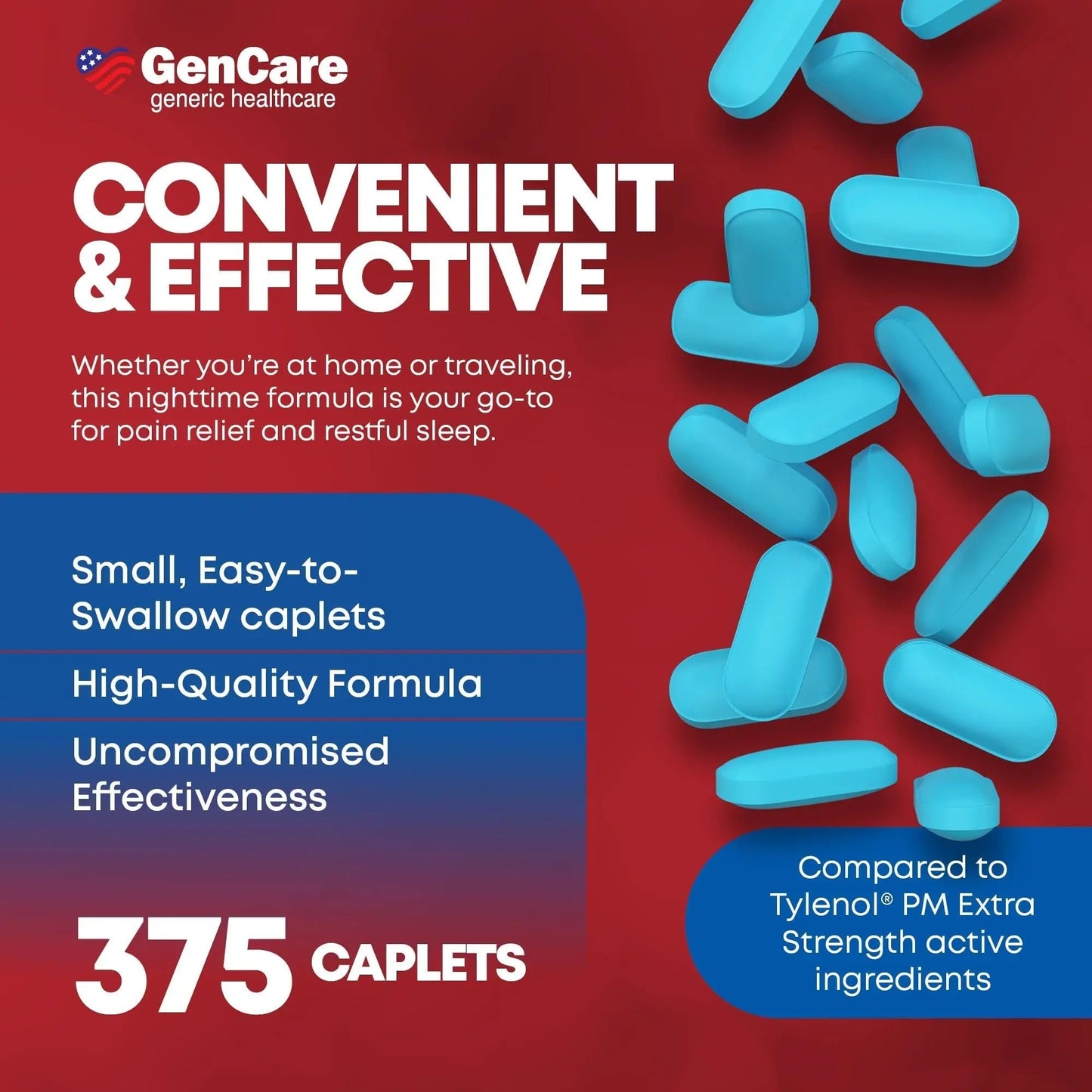 GenCare Extra Strength Acetaminophen PM 500 mg (375 Tablets) | Ultimate Pain Relief & Sleep Support for Adults | Quick Acting & Non Habit Forming Headache Relief | Eases Aches & Joint Discomfort - dailyvitalstore