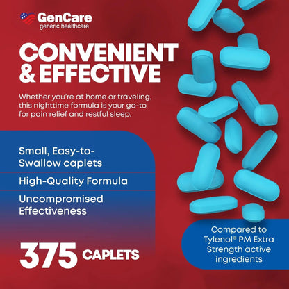 GenCare Extra Strength Acetaminophen PM 500 mg (375 Tablets) | Ultimate Pain Relief & Sleep Support for Adults | Quick Acting & Non Habit Forming Headache Relief | Eases Aches & Joint Discomfort - dailyvitalstore
