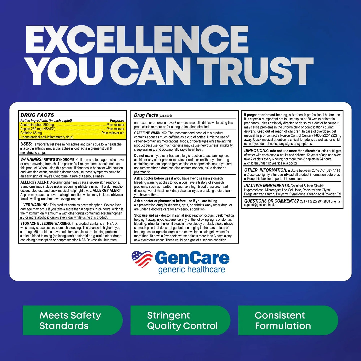 GenCare - Headache Relief Acetaminophen with Aspirin (NSAID) & Caffeine (300 Caplets) Value Pack | Head Pain, Muscle Aches, Back Pain & Body | Generic ExcedrEn Extra Strength - dailyvitalstore