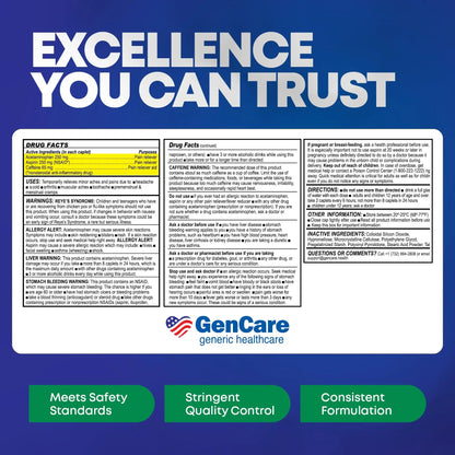 GenCare - Headache Relief Acetaminophen with Aspirin (NSAID) & Caffeine (300 Caplets) Value Pack | Head Pain, Muscle Aches, Back Pain & Body | Generic ExcedrEn Extra Strength - dailyvitalstore