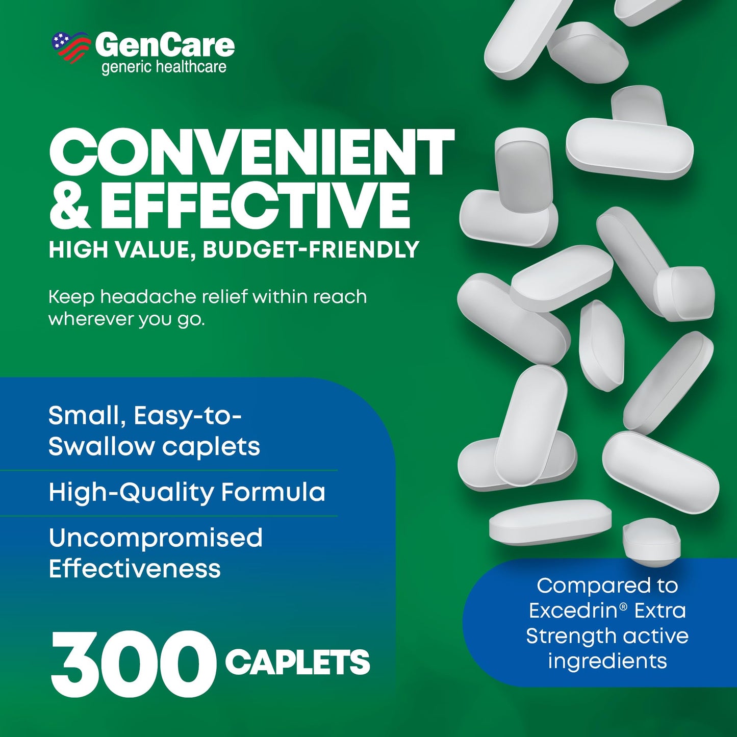GenCare - Headache Relief Acetaminophen with Aspirin (NSAID) & Caffeine (300 Caplets) Value Pack | Head Pain, Muscle Aches, Back Pain & Body | Generic ExcedrEn Extra Strength - dailyvitalstore