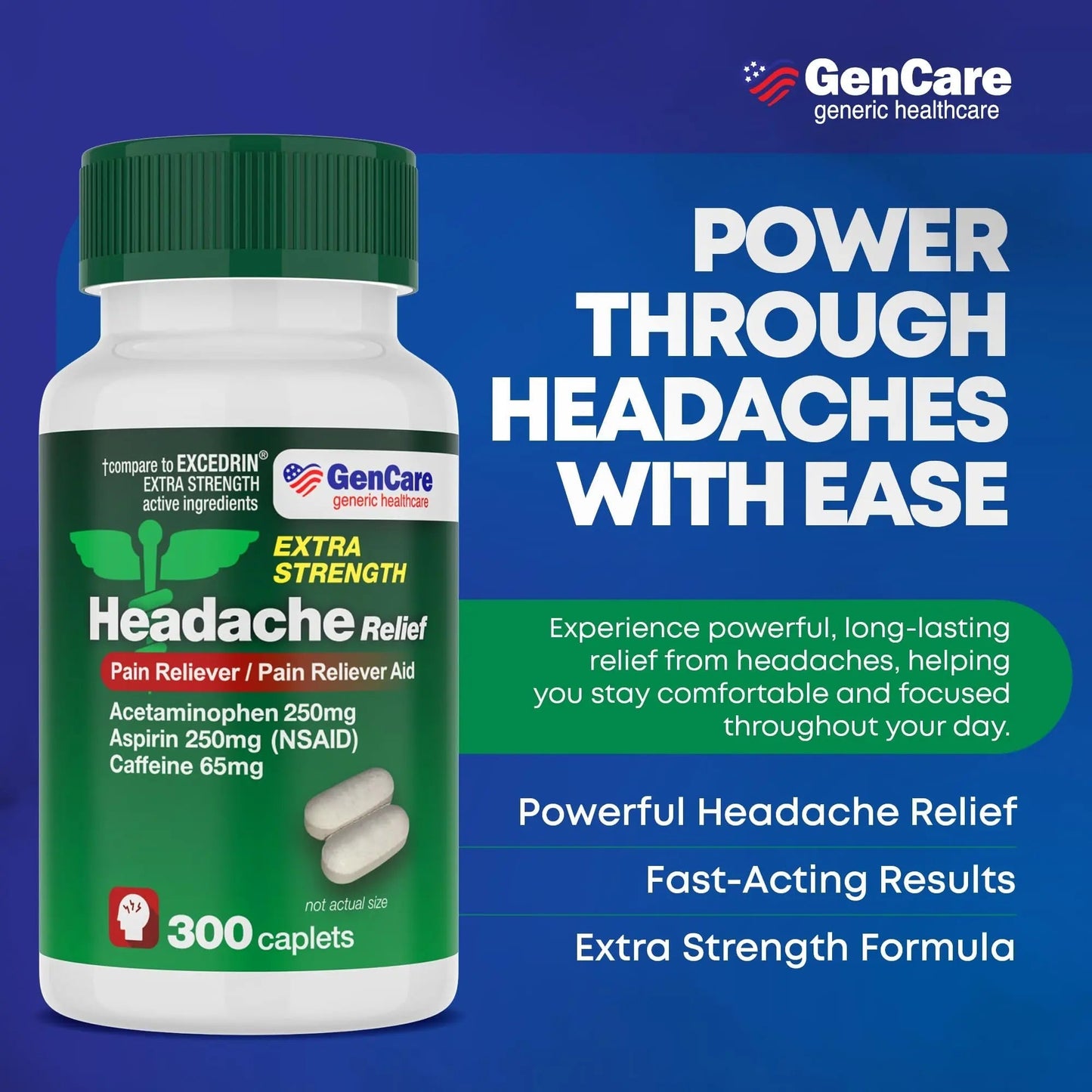 GenCare - Headache Relief Acetaminophen with Aspirin (NSAID) & Caffeine (300 Caplets) Value Pack | Head Pain, Muscle Aches, Back Pain & Body | Generic ExcedrEn Extra Strength - dailyvitalstore