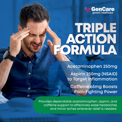 GenCare - Headache Relief Acetaminophen with Aspirin (NSAID) & Caffeine (300 Caplets) Value Pack | Head Pain, Muscle Aches, Back Pain & Body | Generic ExcedrEn Extra Strength - dailyvitalstore
