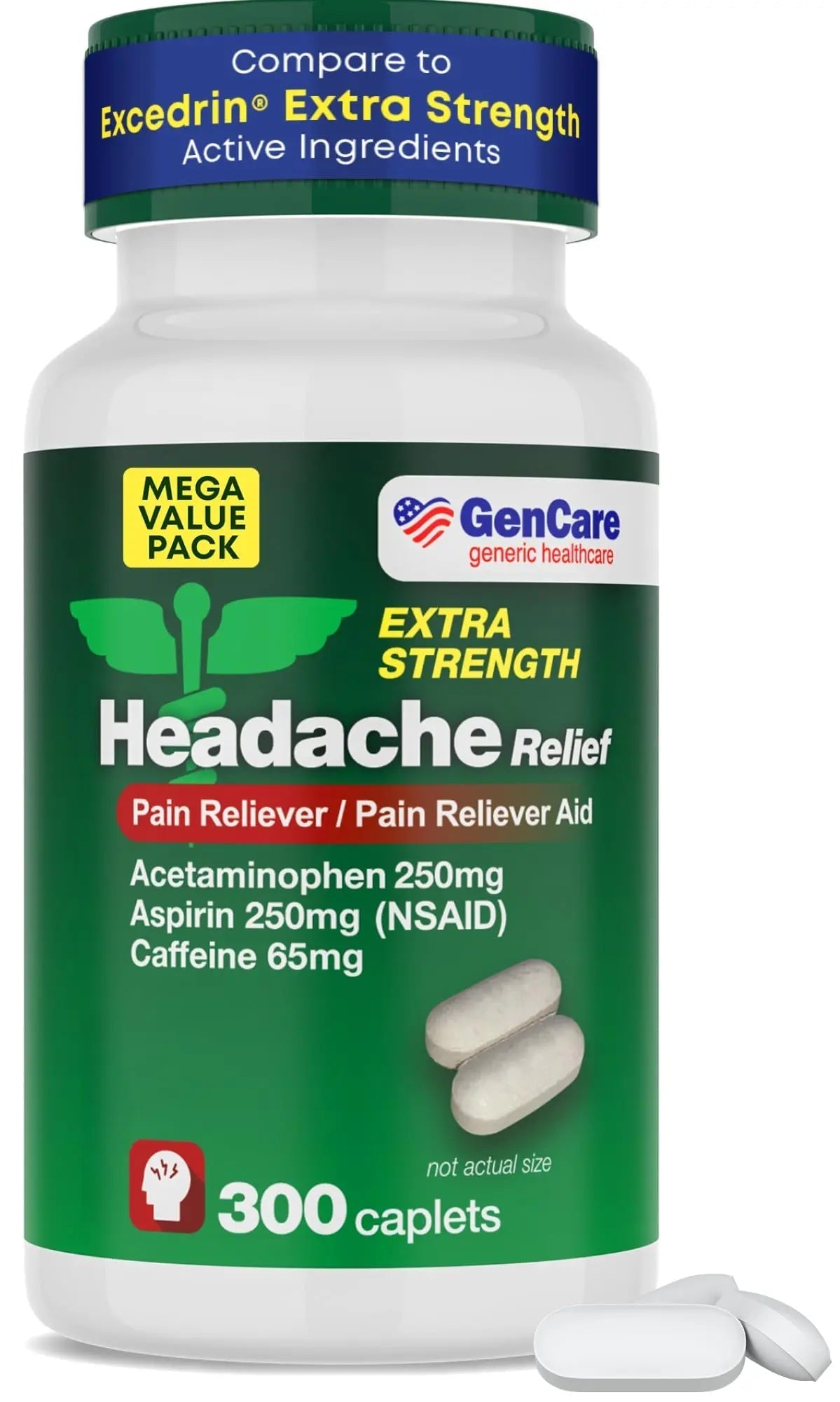 GenCare - Headache Relief Acetaminophen with Aspirin (NSAID) & Caffeine (300 Caplets) Value Pack | Head Pain, Muscle Aches, Back Pain & Body | Generic ExcedrEn Extra Strength - dailyvitalstore