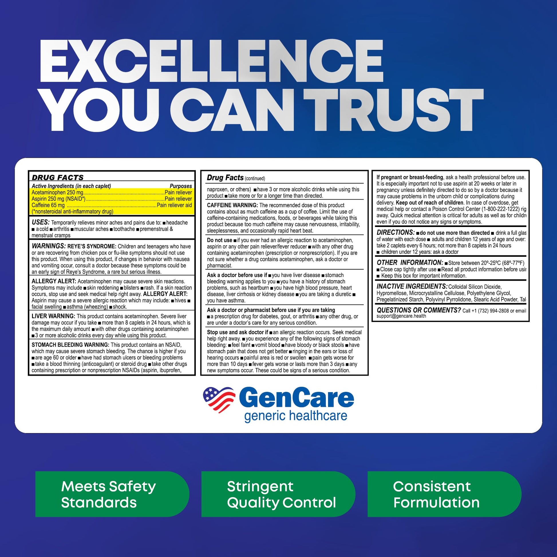 GenCare - Headache Relief Acetaminophen with Aspirin (NSAID) & Caffeine (300 Caplets) Value Pack | Head Pain, Muscle Aches, Back Pain & Body | Generic ExcedrEn Extra Strength - dailyvitalstore