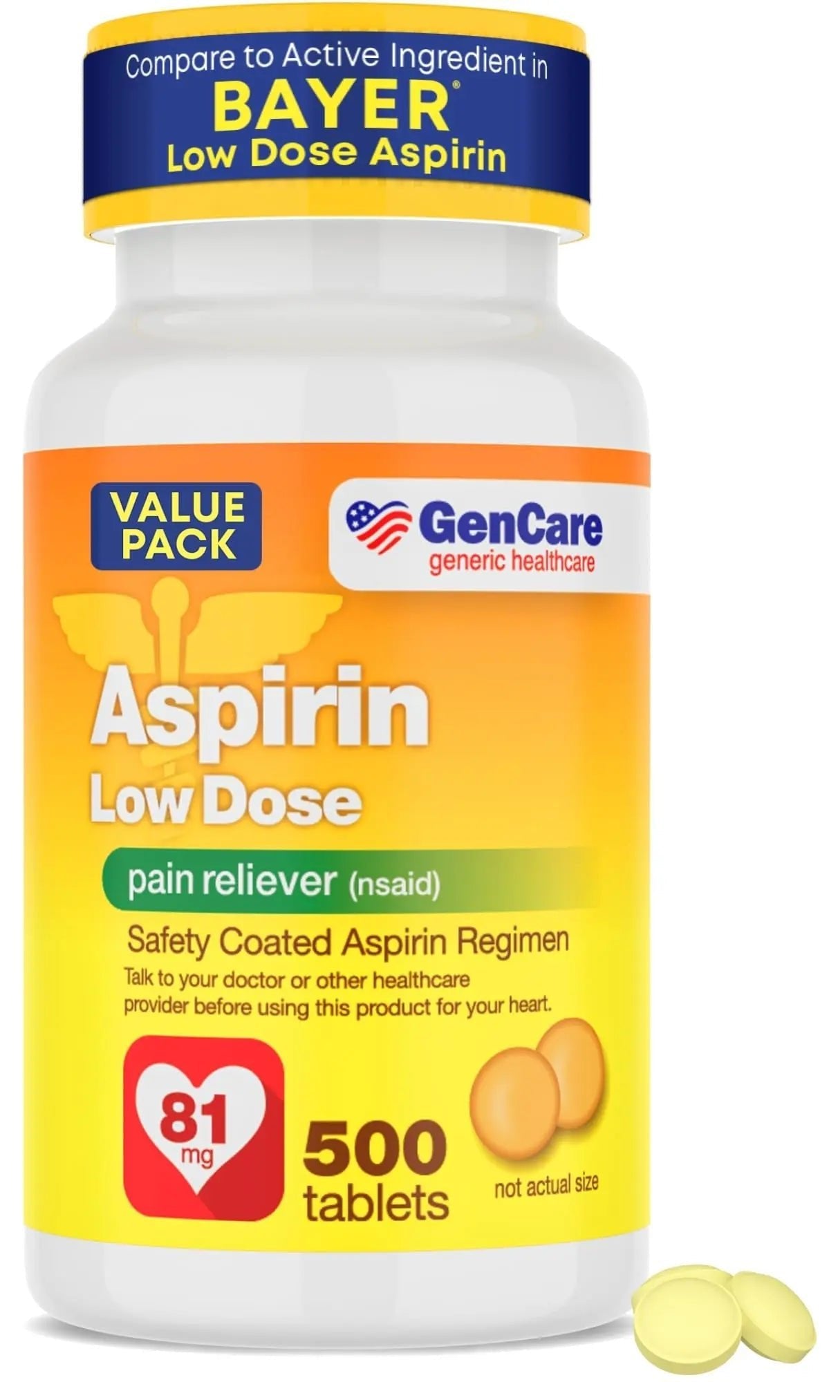 GenCare - Low Dose Aspirin 81mg for Adults Coated (NSAID) 500 Tablets | Adult Low Dose | Enteric Coated Aspirin Pills | Muscle Pain & Menstrual Pain Relief | Fever Reducer | Generic Bayer - dailyvitalstore