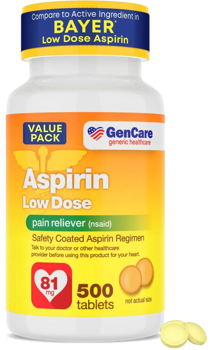 GenCare - Low Dose Aspirin 81mg for Adults Coated (NSAID) 500 Tablets | Adult Low Dose | Enteric Coated Aspirin Pills | Muscle Pain & Menstrual Pain Relief | Fever Reducer | Generic Bayer - dailyvitalstore