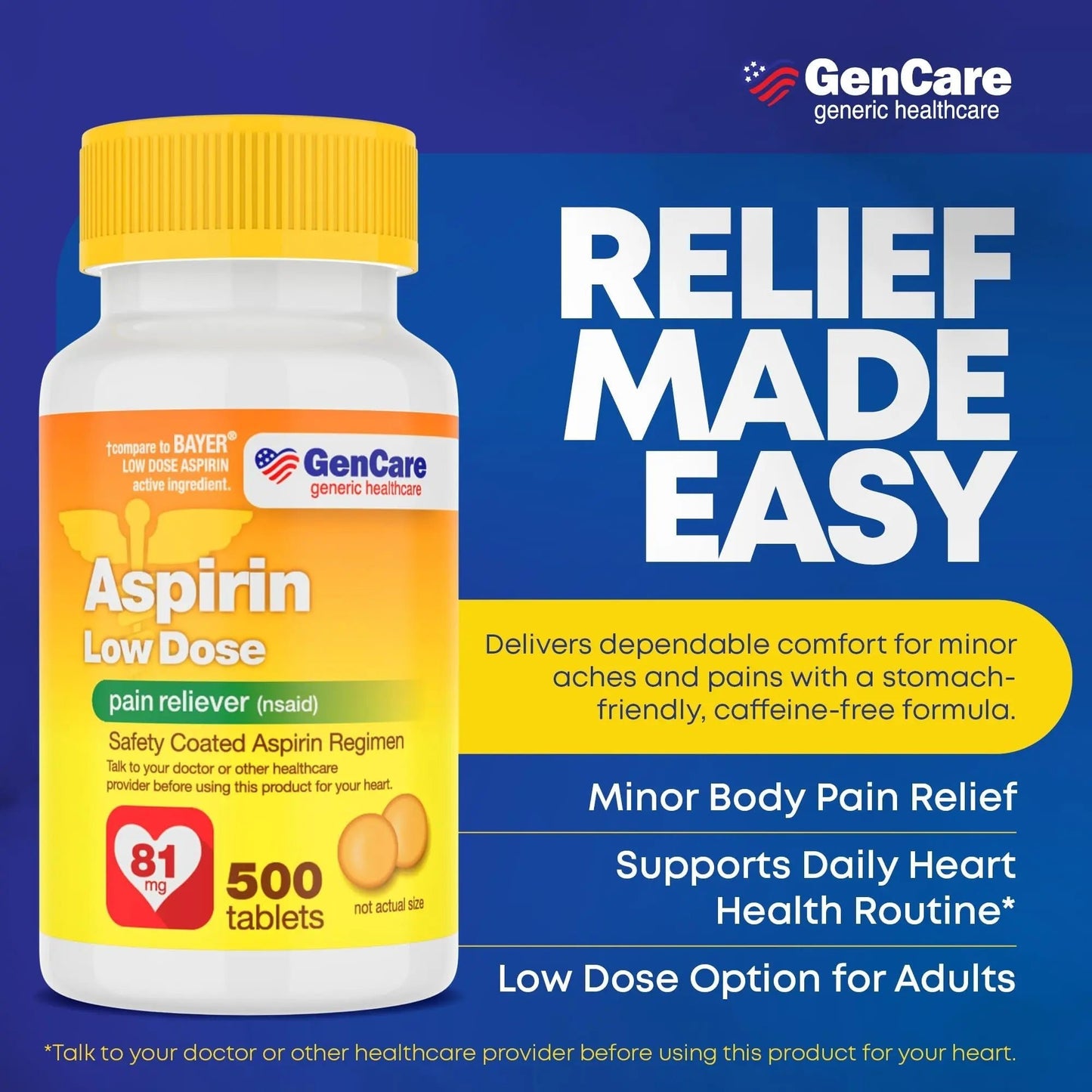 GenCare - Low Dose Aspirin 81mg for Adults Coated (NSAID) 500 Tablets | Adult Low Dose | Enteric Coated Aspirin Pills | Muscle Pain & Menstrual Pain Relief | Fever Reducer | Generic Bayer - dailyvitalstore