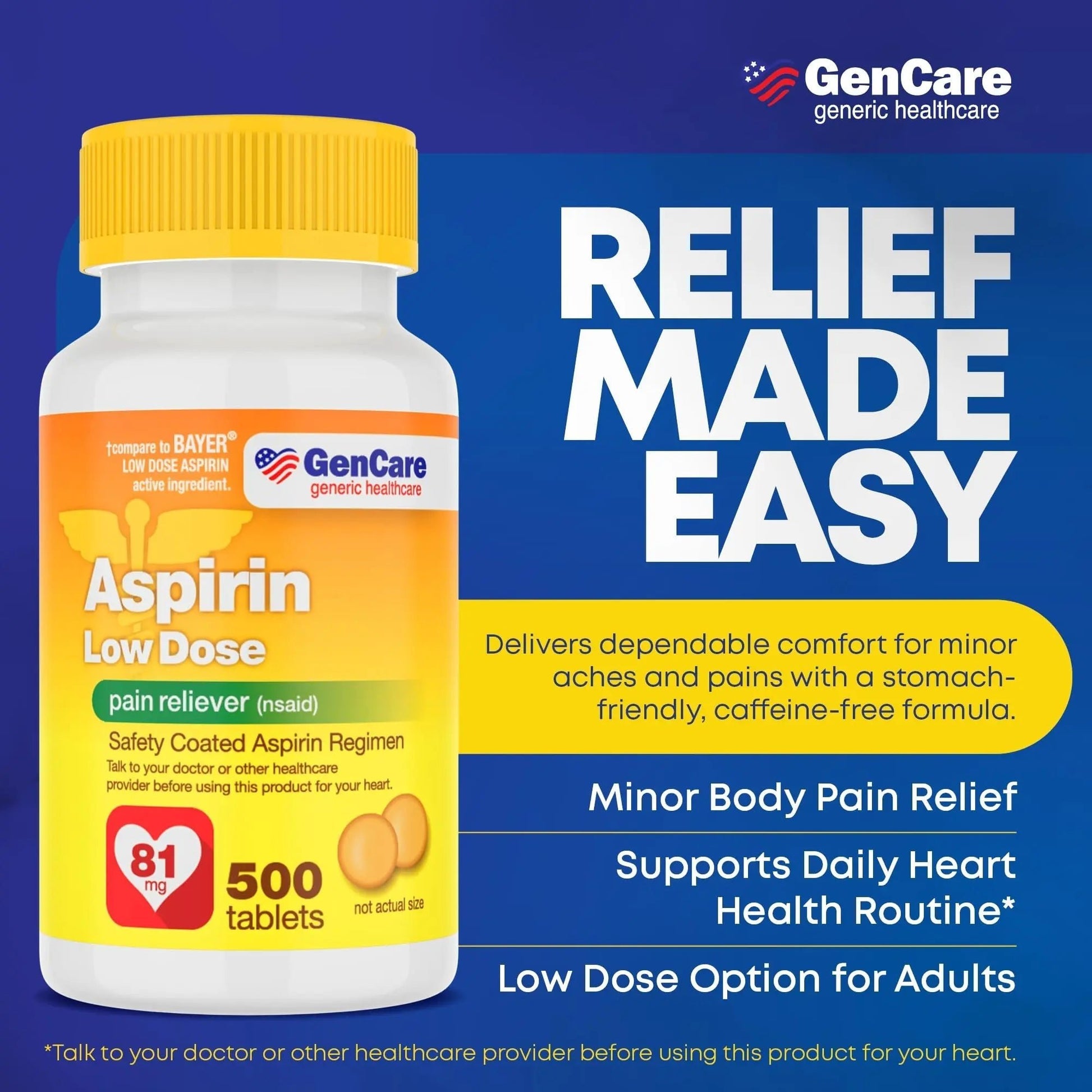 GenCare - Low Dose Aspirin 81mg for Adults Coated (NSAID) 500 Tablets | Adult Low Dose | Enteric Coated Aspirin Pills | Muscle Pain & Menstrual Pain Relief | Fever Reducer | Generic Bayer - dailyvitalstore