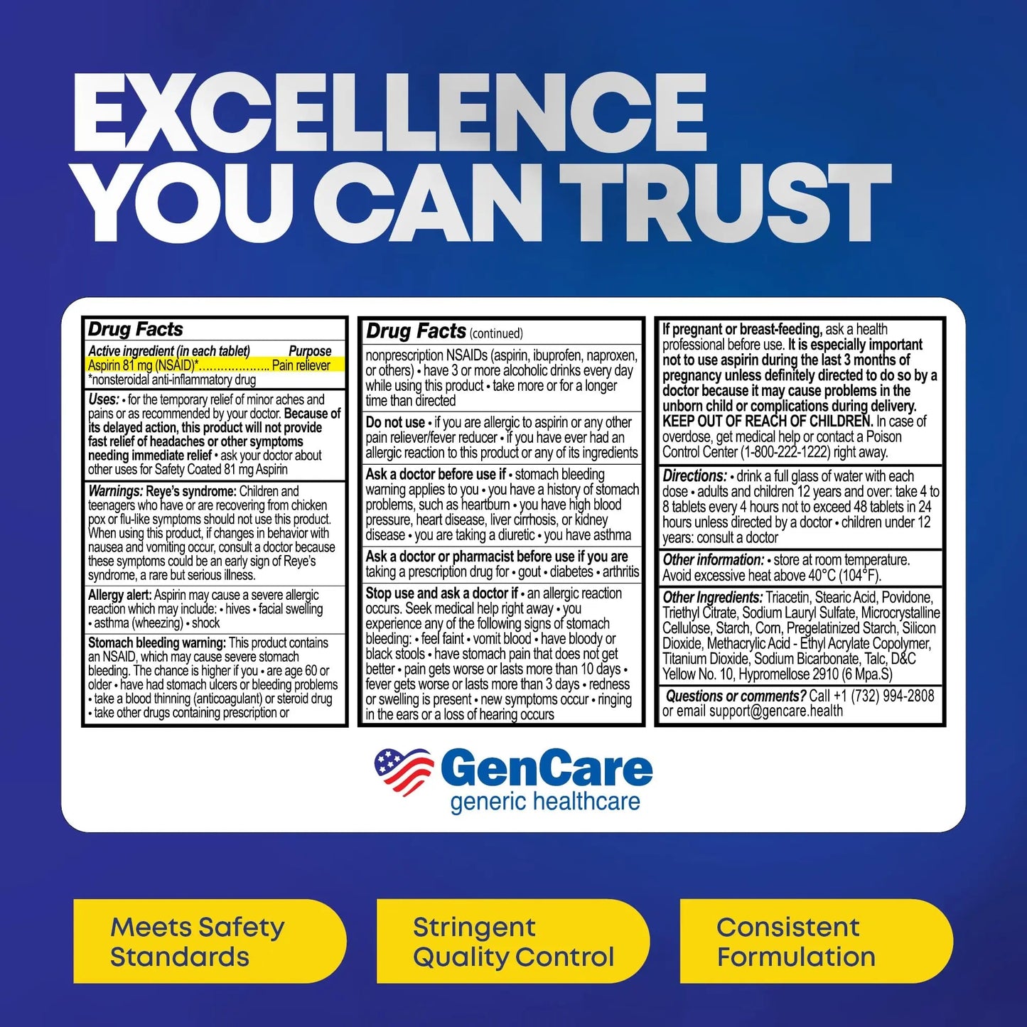 GenCare - Low Dose Aspirin 81mg for Adults Coated (NSAID) 500 Tablets | Adult Low Dose | Enteric Coated Aspirin Pills | Muscle Pain & Menstrual Pain Relief | Fever Reducer | Generic Bayer - dailyvitalstore