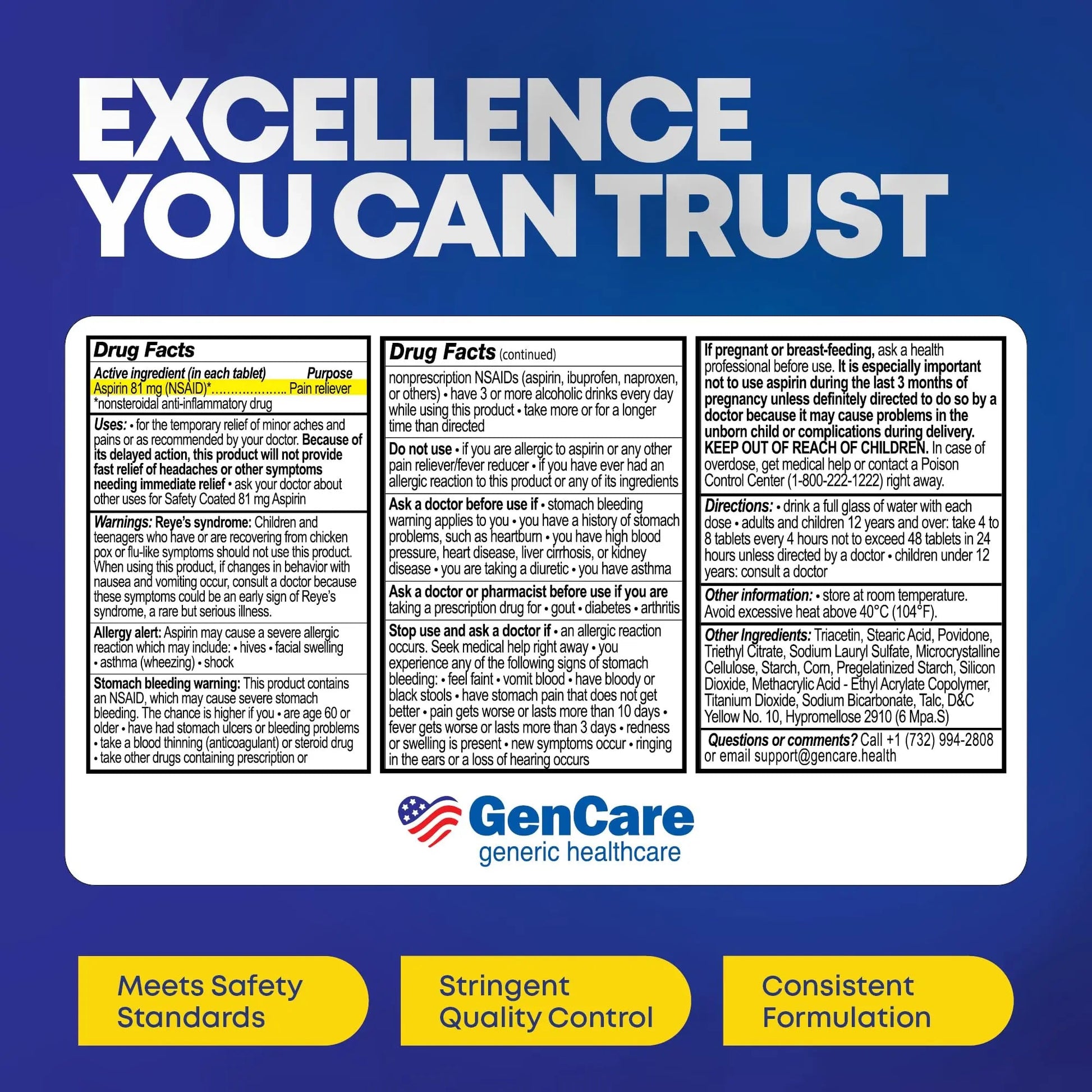 GenCare - Low Dose Aspirin 81mg for Adults Coated (NSAID) 500 Tablets | Adult Low Dose | Enteric Coated Aspirin Pills | Muscle Pain & Menstrual Pain Relief | Fever Reducer | Generic Bayer - dailyvitalstore
