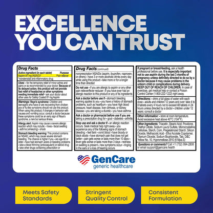 GenCare - Low Dose Aspirin 81mg for Adults Coated (NSAID) 500 Tablets | Adult Low Dose | Enteric Coated Aspirin Pills | Muscle Pain & Menstrual Pain Relief | Fever Reducer | Generic Bayer - dailyvitalstore
