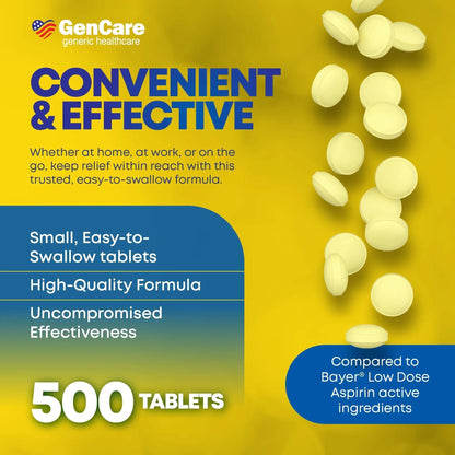 GenCare - Low Dose Aspirin 81mg for Adults Coated (NSAID) 500 Tablets | Adult Low Dose | Enteric Coated Aspirin Pills | Muscle Pain & Menstrual Pain Relief | Fever Reducer | Generic Bayer - dailyvitalstore