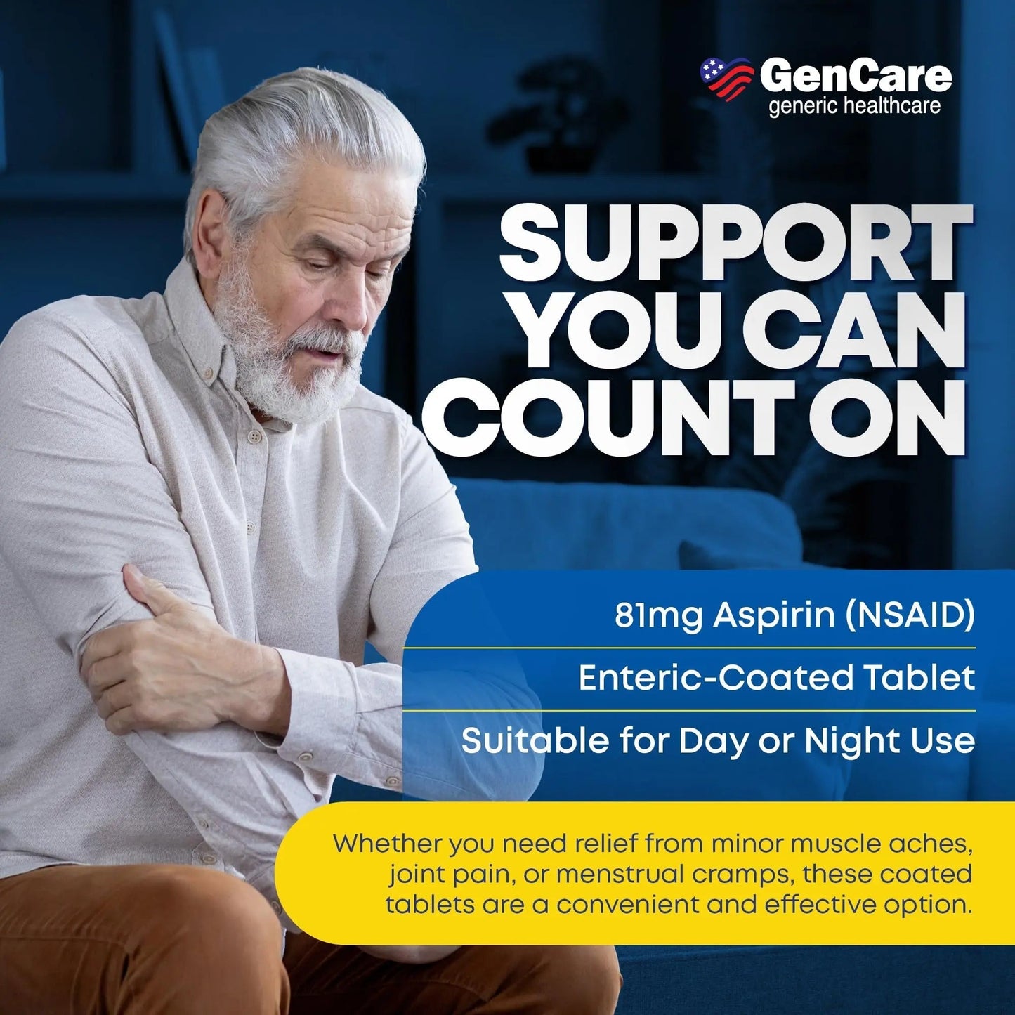 GenCare - Low Dose Aspirin 81mg for Adults Coated (NSAID) 500 Tablets | Adult Low Dose | Enteric Coated Aspirin Pills | Muscle Pain & Menstrual Pain Relief | Fever Reducer | Generic Bayer - dailyvitalstore
