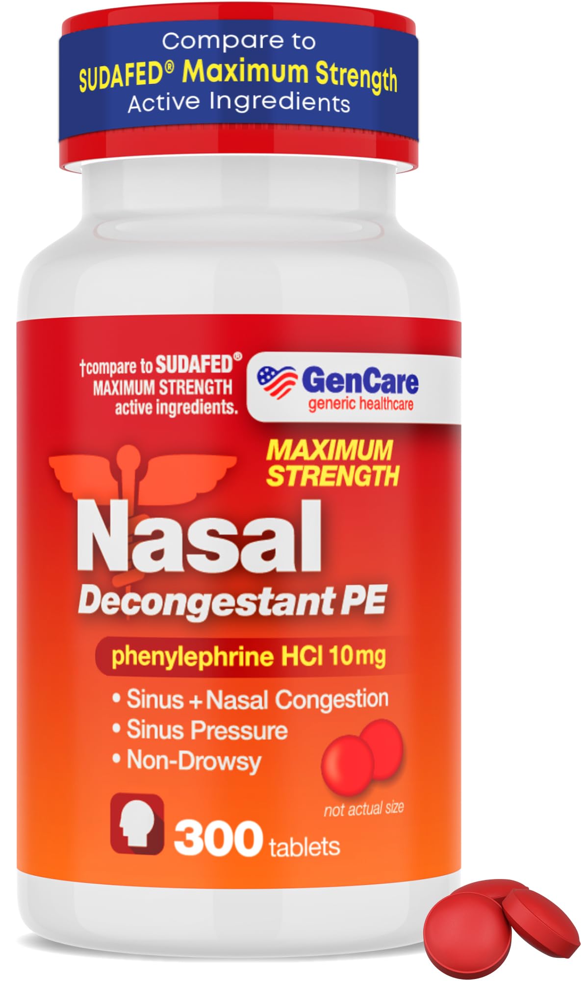 GenCare Nasal Decongestant PE – Phenylephrine HCl 10mg Tablets (Bulk 300 Count) Non-Drowsy Sinus Pressure Relief & Nasal Congestion Relief, Stuffy Nose Decongestants for Adults – Compare to Sudafed PE - dailyvitalstore