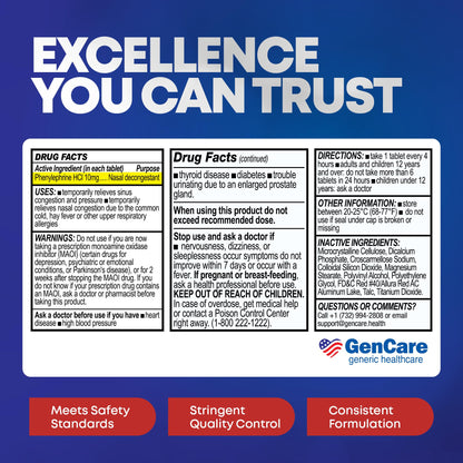 GenCare Nasal Decongestant PE – Phenylephrine HCl 10mg Tablets (Bulk 300 Count) Non-Drowsy Sinus Pressure Relief & Nasal Congestion Relief, Stuffy Nose Decongestants for Adults – Compare to Sudafed PE - dailyvitalstore