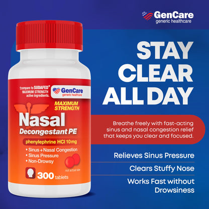 GenCare Nasal Decongestant PE – Phenylephrine HCl 10mg Tablets (Bulk 300 Count) Non-Drowsy Sinus Pressure Relief & Nasal Congestion Relief, Stuffy Nose Decongestants for Adults – Compare to Sudafed PE - dailyvitalstore