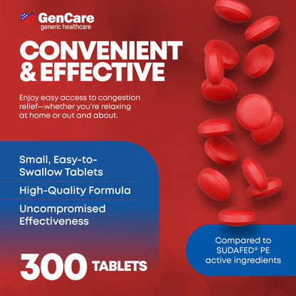 GenCare Nasal Decongestant PE – Phenylephrine HCl 10mg Tablets (Bulk 300 Count) Non-Drowsy Sinus Pressure Relief & Nasal Congestion Relief, Stuffy Nose Decongestants for Adults – Compare to Sudafed PE - dailyvitalstore
