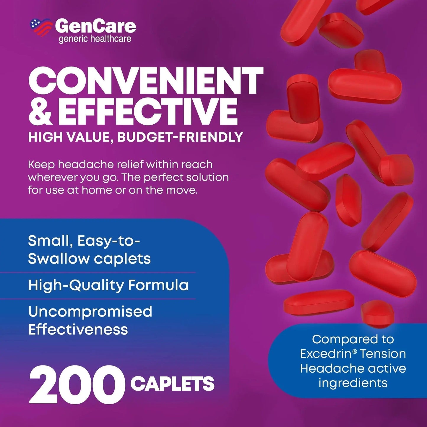 GenCare - Tension Headache Relief Pain Reliever with Acetaminophen 500 mg & Caffeine 65 mg (200 Caplets) Best Value Bulk Extra Strength for Head, Migraine, Joint Pain & Body Ache Relief Medicine - dailyvitalstore