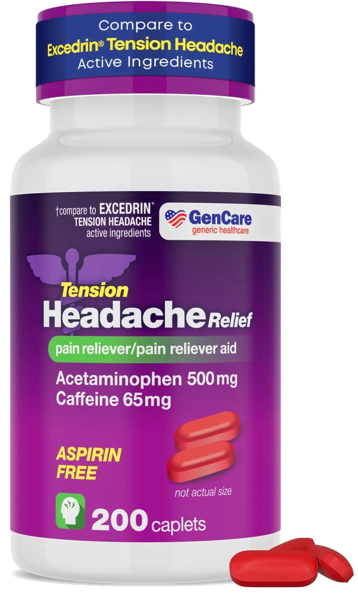 GenCare - Tension Headache Relief Pain Reliever with Acetaminophen 500 mg & Caffeine 65 mg (200 Caplets) Best Value Bulk Extra Strength for Head, Migraine, Joint Pain & Body Ache Relief Medicine - dailyvitalstore