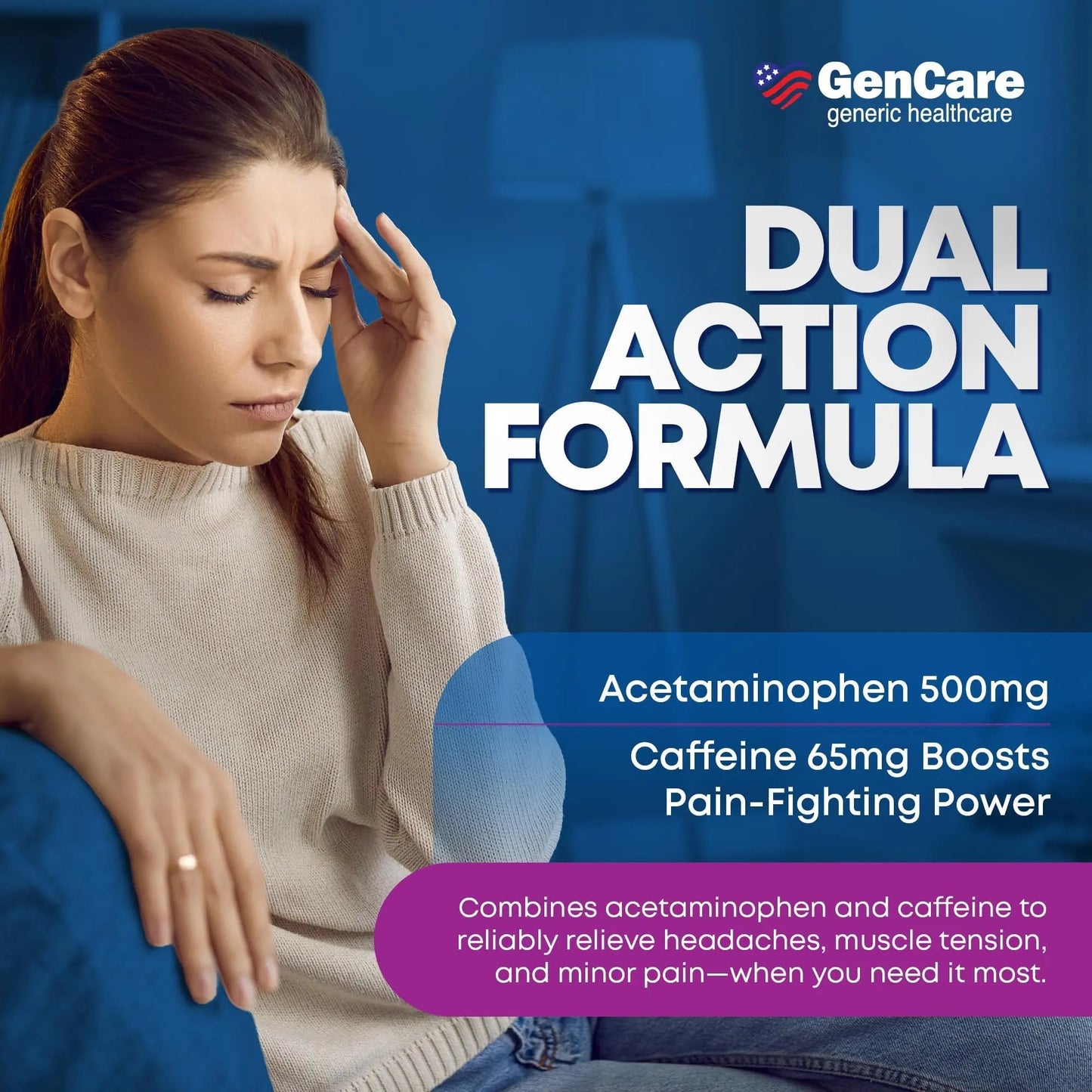 GenCare - Tension Headache Relief Pain Reliever with Acetaminophen 500 mg & Caffeine 65 mg (200 Caplets) Best Value Bulk Extra Strength for Head, Migraine, Joint Pain & Body Ache Relief Medicine - dailyvitalstore