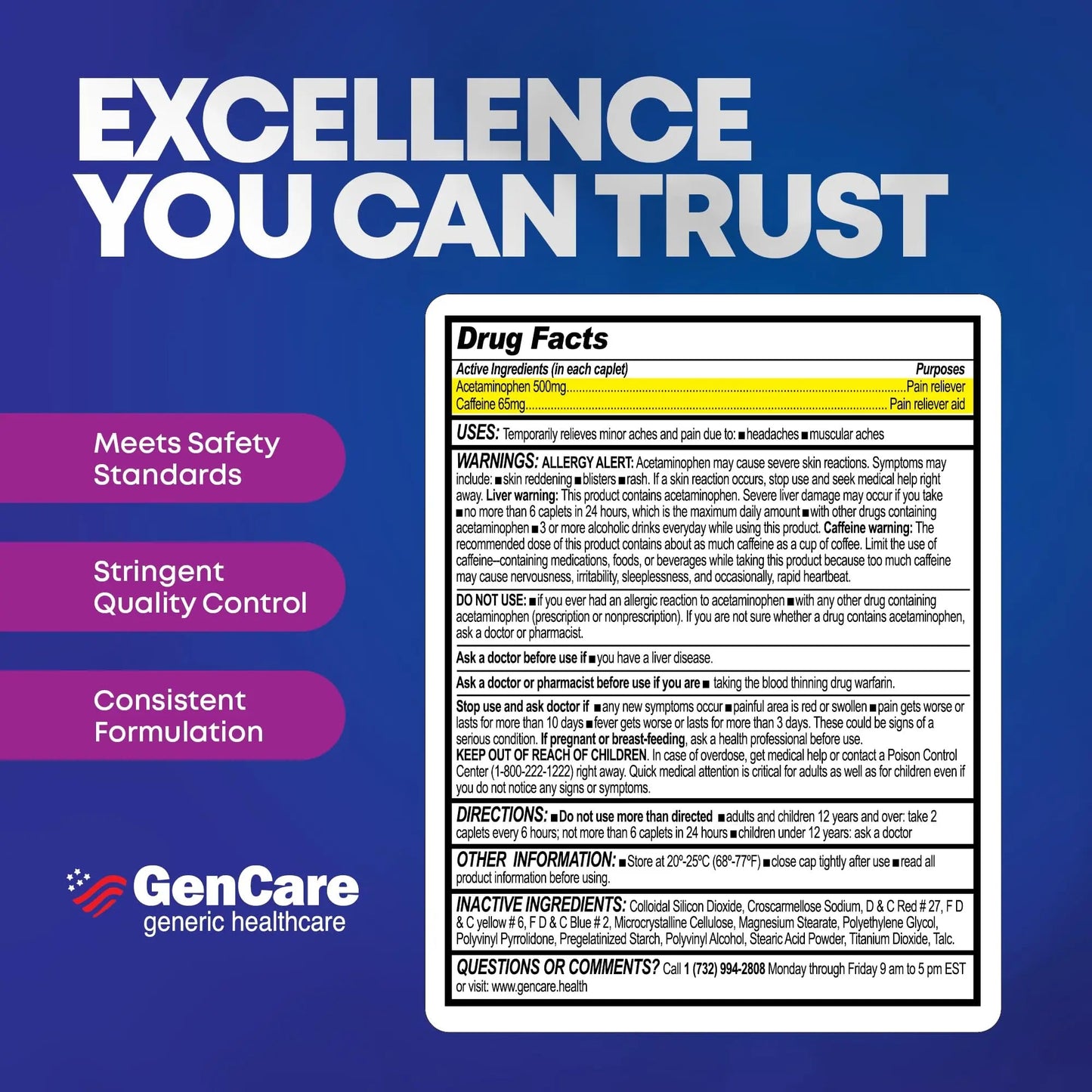 GenCare - Tension Headache Relief Pain Reliever with Acetaminophen 500 mg & Caffeine 65 mg (200 Caplets) Best Value Bulk Extra Strength for Head, Migraine, Joint Pain & Body Ache Relief Medicine - dailyvitalstore