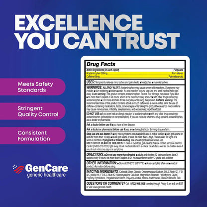 GenCare - Tension Headache Relief Pain Reliever with Acetaminophen 500 mg & Caffeine 65 mg (200 Caplets) Best Value Bulk Extra Strength for Head, Migraine, Joint Pain & Body Ache Relief Medicine - dailyvitalstore