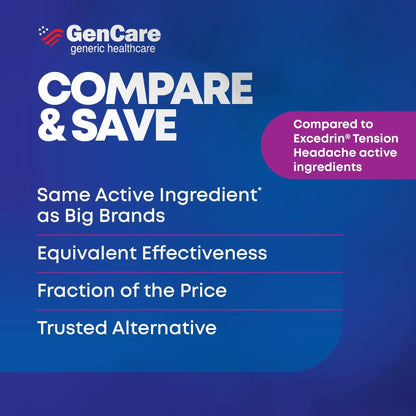 GenCare - Tension Headache Relief Pain Reliever with Acetaminophen 500 mg & Caffeine 65 mg (200 Caplets) Best Value Bulk Extra Strength for Head, Migraine, Joint Pain & Body Ache Relief Medicine - dailyvitalstore