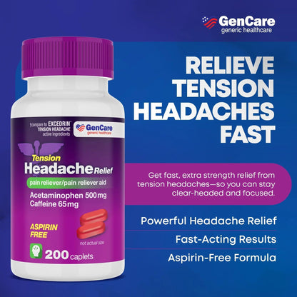 GenCare - Tension Headache Relief Pain Reliever with Acetaminophen 500 mg & Caffeine 65 mg (200 Caplets) Best Value Bulk Extra Strength for Head, Migraine, Joint Pain & Body Ache Relief Medicine - dailyvitalstore