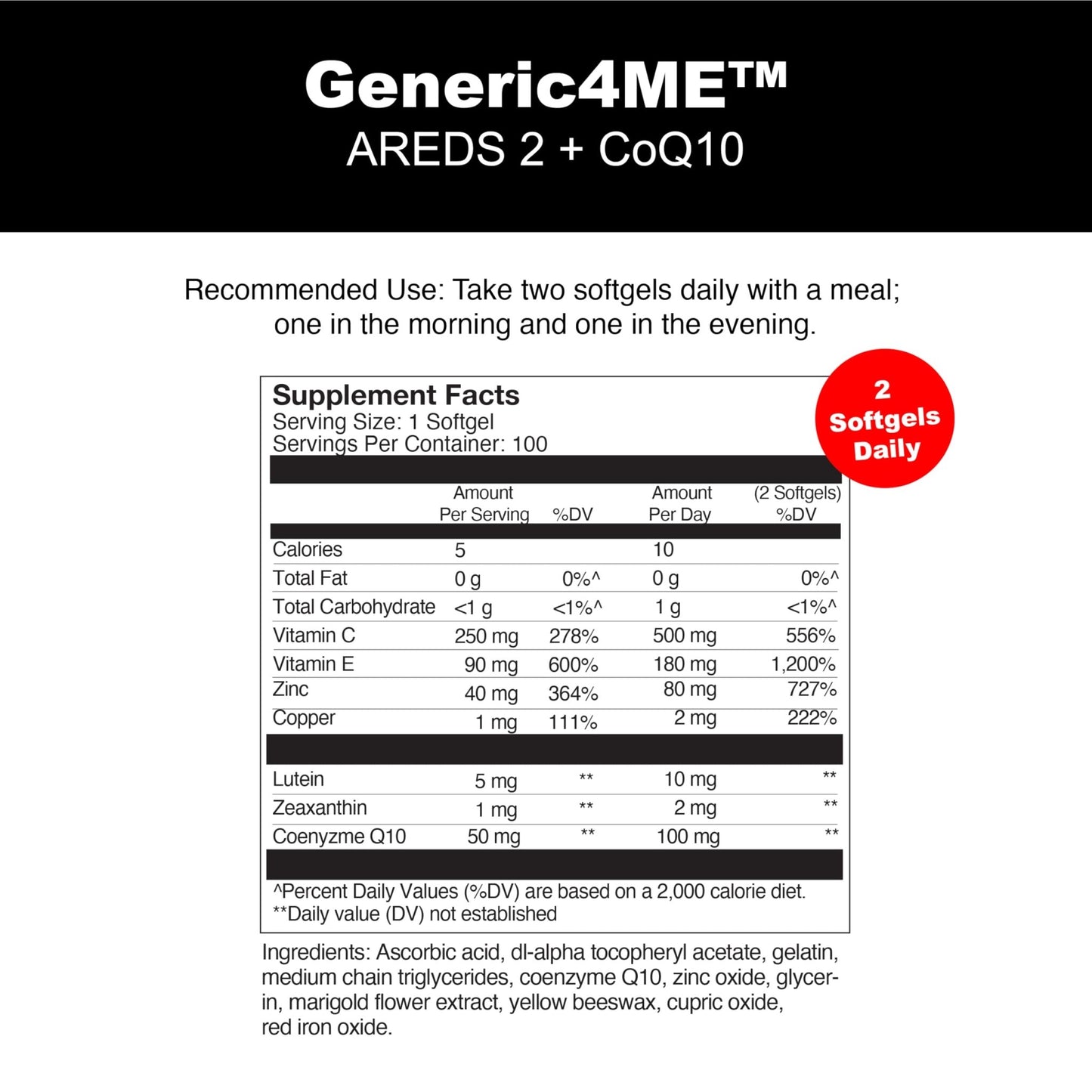 Generic4ME AREDS 2 SoftGels, 100 mg CoQ10 for Heart Health, 500 mg Vitamin C, 400 IU Vitamin E, 10 mg Lutein, 2 mg Zeaxanthin, 80 mg Zinc, 2 mg Copper - Supports Eye Health - 100 Mini SoftGels - dailyvitalstore