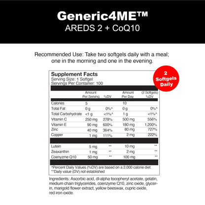 Generic4ME AREDS 2 SoftGels, 100 mg CoQ10 for Heart Health, 500 mg Vitamin C, 400 IU Vitamin E, 10 mg Lutein, 2 mg Zeaxanthin, 80 mg Zinc, 2 mg Copper - Supports Eye Health - 100 Mini SoftGels - dailyvitalstore