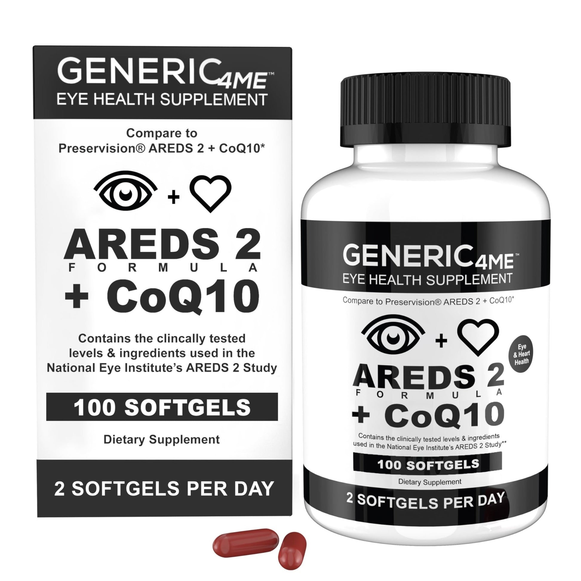 Generic4ME AREDS 2 SoftGels, 100 mg CoQ10 for Heart Health, 500 mg Vitamin C, 400 IU Vitamin E, 10 mg Lutein, 2 mg Zeaxanthin, 80 mg Zinc, 2 mg Copper - Supports Eye Health - 100 Mini SoftGels - dailyvitalstore
