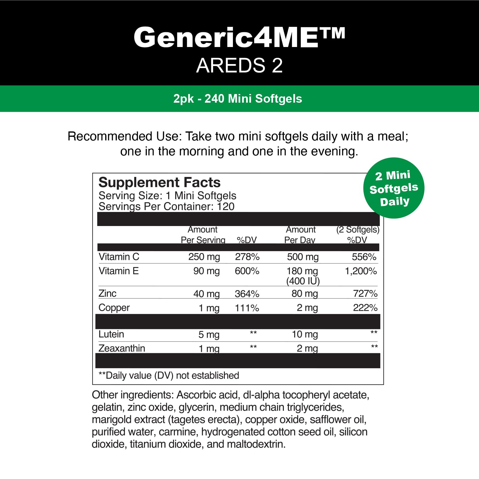 GENERIC4ME AREDS 2 SoftGels, 500 mg Vitamin C, 400 IU Vitamin E, 10 mg Lutein, 2 mg Zeaxanthin, 80 mg Zinc, 2 mg Copper - Supports Eye Health - 120 Mini SoftGels (Two Month Supply) - dailyvitalstore
