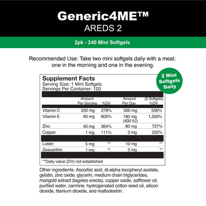 Generic4ME AREDS 2 SoftGels, 500 mg Vitamin C, 400 IU Vitamin E, 10 mg Lutein, 2 mg Zeaxanthin, 80 mg Zinc, 2 mg Copper - Supports Eye Health - 240 Mini SoftGels (Four Month Supply) - dailyvitalstore