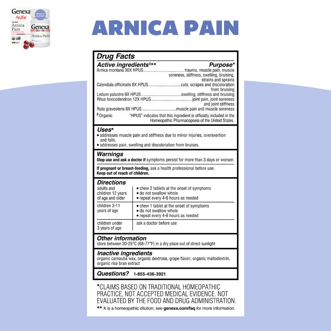 Genexa Adult Pain Relief Bundle | 500mg Acetaminophen Caplets + Homeopathic Arnica Chewables | Fast Relief for Headache, Joint & Muscle Pain | OTC + Homeopathic Combo | No Dyes or Artificial Additives - dailyvitalstore