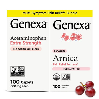 Genexa Adult Pain Relief Bundle | 500mg Acetaminophen Caplets + Homeopathic Arnica Chewables | Fast Relief for Headache, Joint & Muscle Pain | OTC + Homeopathic Combo | No Dyes or Artificial Additives - dailyvitalstore