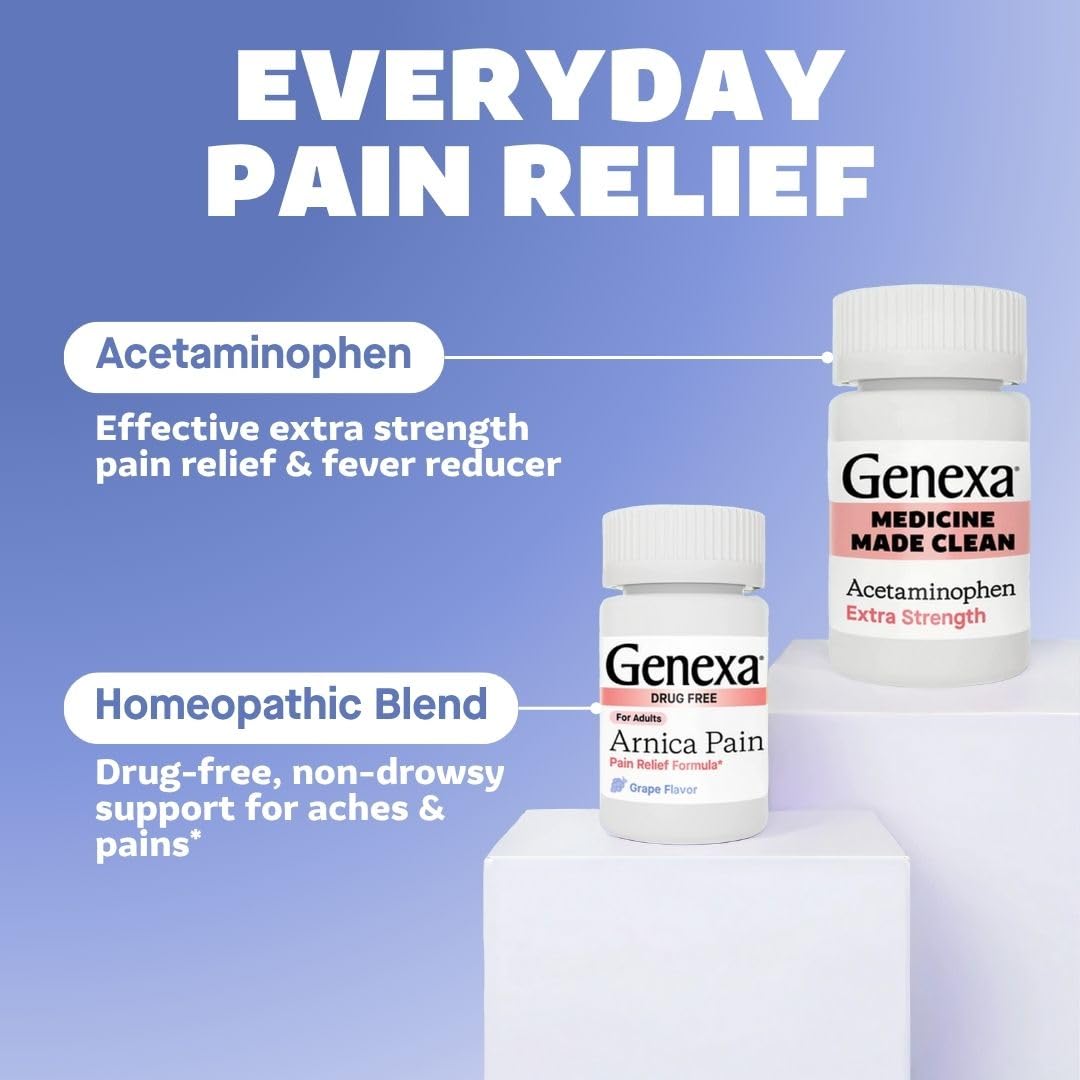 Genexa Adult Pain Relief Bundle | 500mg Acetaminophen Caplets + Homeopathic Arnica Chewables | Fast Relief for Headache, Joint & Muscle Pain | OTC + Homeopathic Combo | No Dyes or Artificial Additives - dailyvitalstore